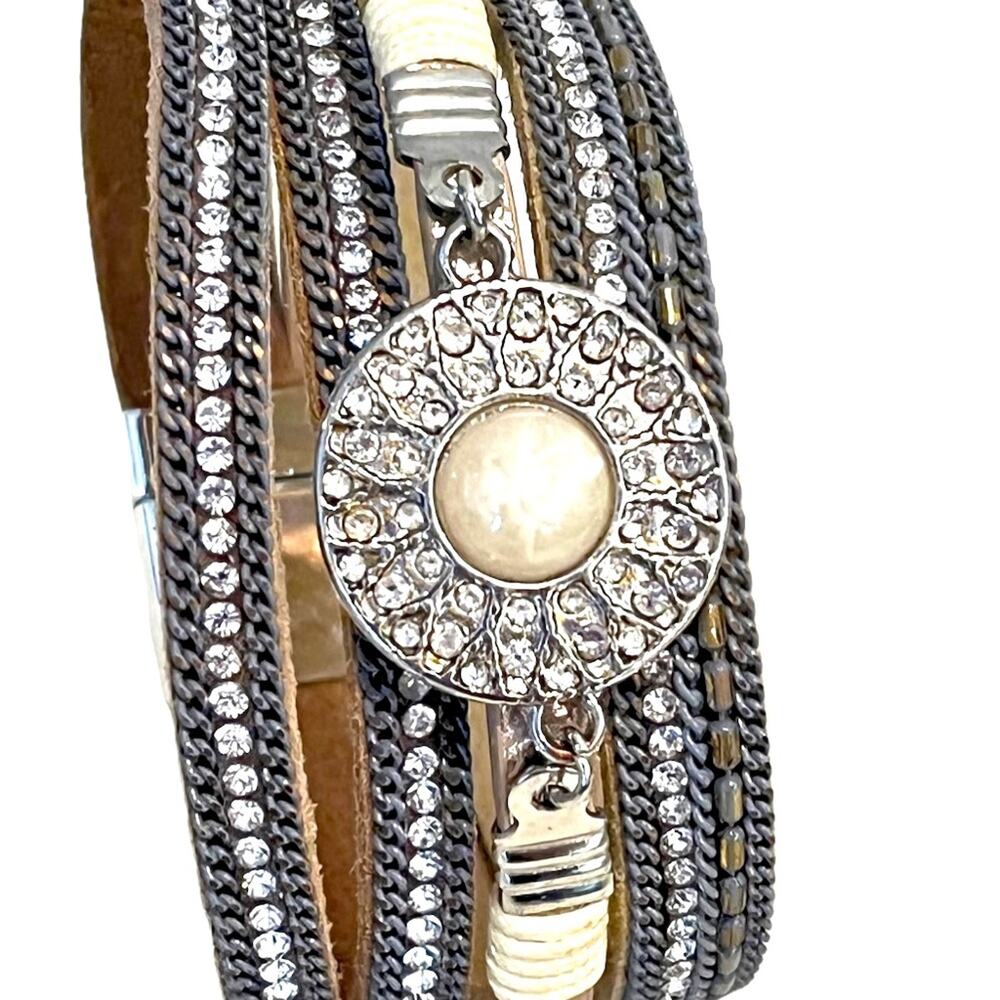 Leather Bracelet 4 Band Rhinestone White Tiger Eye Cabochon 7.5” Magnetic Clasp